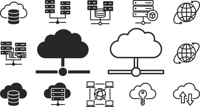 Flat Line and Solid Glyph Cloud Computing Network Infrastructure and Server Hosting Icon Set Isolated on White Background