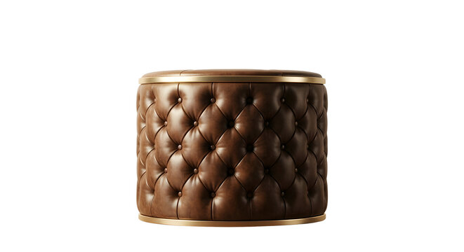 Rich brown tufted leather cylinder podium with gold metallic trim
