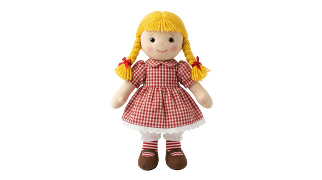 Cute Rag Doll with Blonde Pigtails Wearing a Red Gingham Dress and Striped Socks PNG Isolated on transparent background