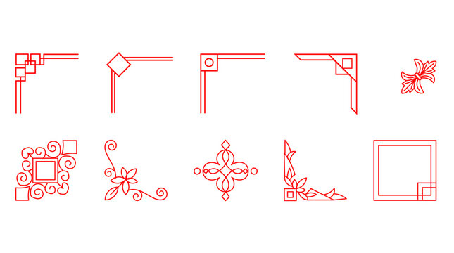 Set of decorative red corner frames and floral ornaments isolated on white background