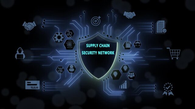 Advanced supply chain security network digital interface featuring cyber protection shields, global logistics data integration, blockchain encryption and real-time business risk management