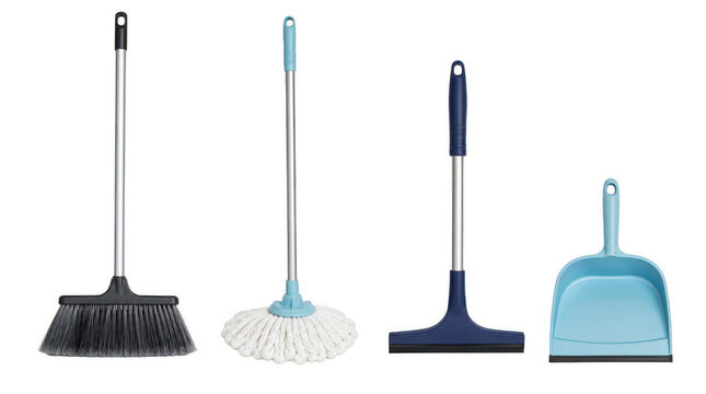 Set of cleaning tools including broom, floor mop, window squeegee, and dustpan, concept of household chores and home maintenance isolated on transparent background.
