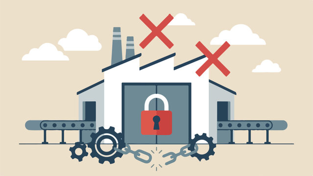 Supply chain infrastructure breakdown, closed factory, halted production concept, a factory building with a giant red padlock on its main door, clean minimal flat vector illustration