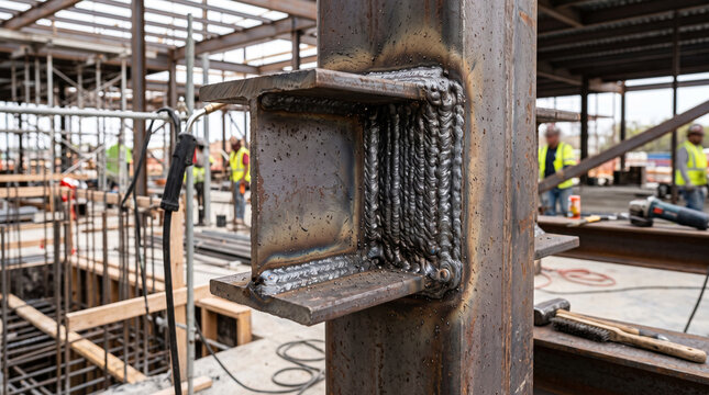 Close-up of freshly welded steel joint on industrial construction site with sparks and metal texture