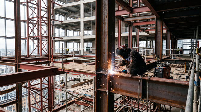 Construction worker welding steel beams in industrial building renovation site with sparks flying