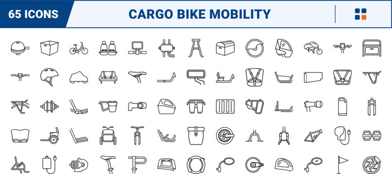Cargo Bike Family line icon set. Vector pictograms of transport, equipment, safety, and accessory elements, thin linear illustration.