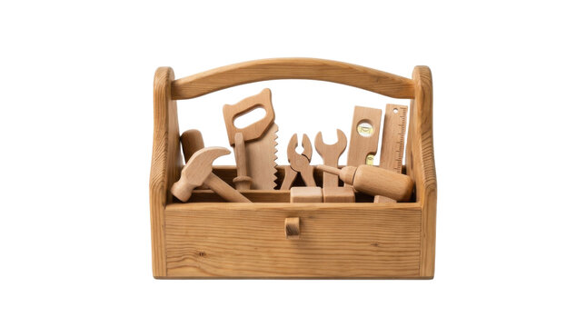Wooden Toy Toolbox Filled With Miniature Tools For Childrens Play PNG Isolated on transparent background