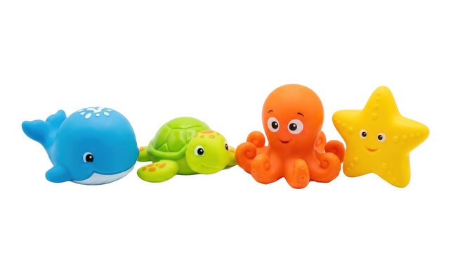 Cute cartoon whale turtle octopus and starfish bath toys for children PNG Isolated on transparent background
