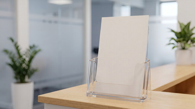 Blank white paper flyer in an acrylic holder on a reception desk in a modern office interior.