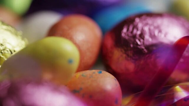 Colorful foil wrapped and speckled candy chocolate Easter eggs