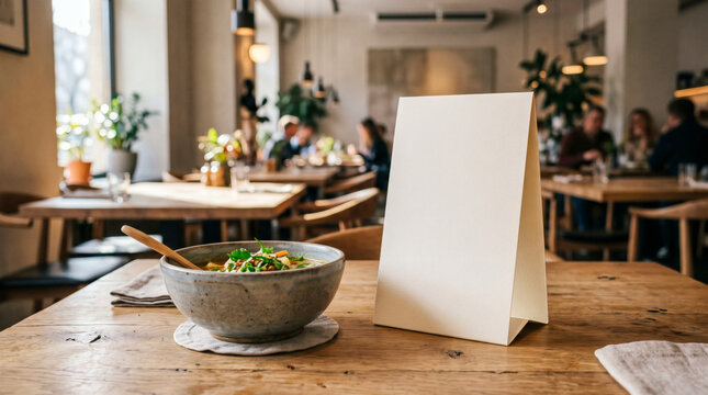Blank paper menu card mockup on a wooden table next to a bowl of soup in a modern restaurant interior.