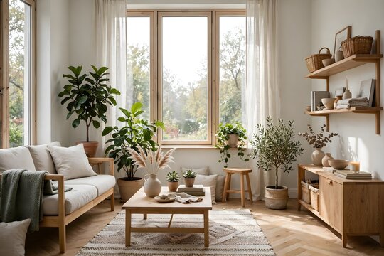 Bright living room interior with natural light and potted plants