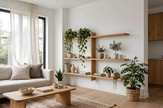 Bright minimalist living room interior featuring white sofa wooden shelves and green houseplants