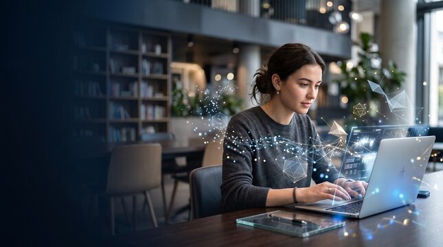 Futuristic digital technology concept, young woman working on laptop with hologram data, artificial intelligence and cyber security visualization