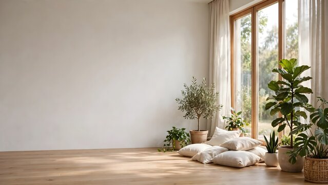 Bright minimalist room with indoor plants and wooden floor near a large window