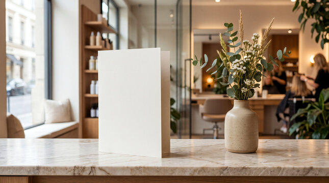 Blank paper card mockup on marble counter in modern spa salon