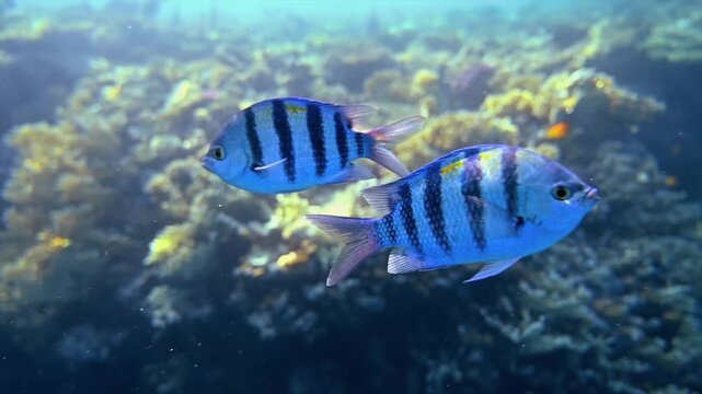 Striped sergeant damselfish swimming near colorful tropical coral reef underwater.