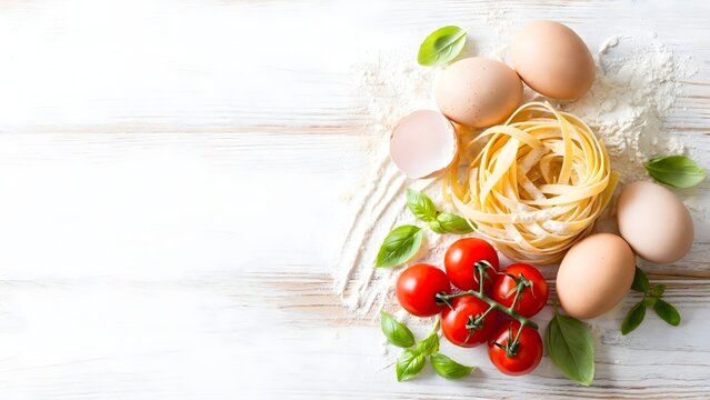 Ingredients for fresh pasta or pizza preparation on a white wooden surface