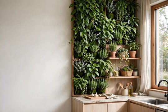 Indoor vertical garden wall with lush green plants and natural light