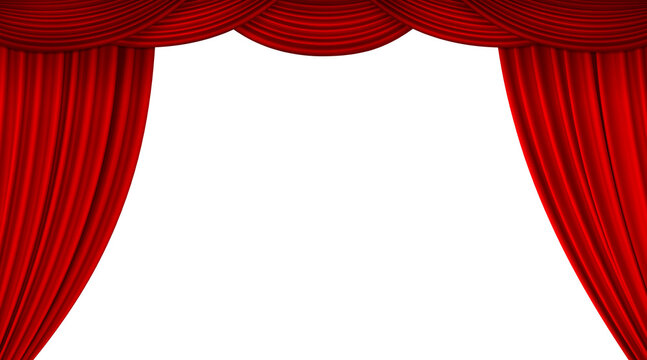 The classic red stage curtain opened, contrasting with the white backdrop.