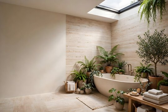 Luxurious bathroom oasis with natural light and abundant greenery