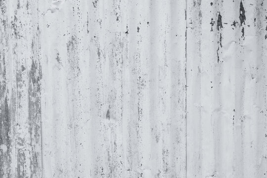 Galvanized sheet painted with white color. Empty white wall texture background. Peeling paint on white wall. Distorted striped gray galvanized sheet. Empty white and gray background for minimal life.