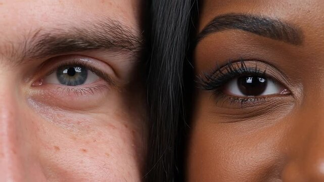 Macro cropped close up of man and woman faces looking at camera