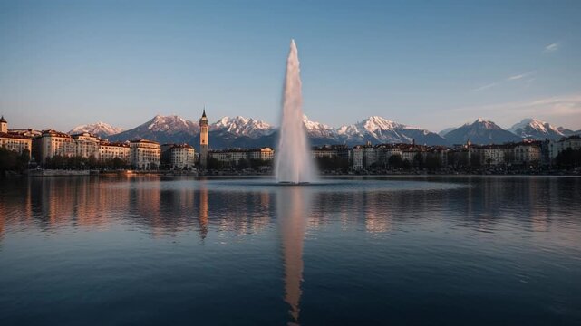 The skyline of Geneva mirrored across a tranquil lake while a graceful fountain plume rises showcasing Swiss elegance and architectural harmony