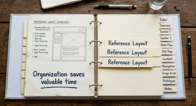 Organized Binder Pages with Reference Tabs and Layout Design Guidelines