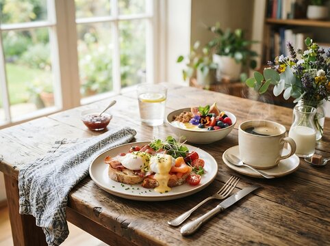 A Nourishing Morning Breakfast Spread Featuring Poached Eggs on Toasted Bread and Fresh Fruit Yogurt Bowl on a Rustic Wooden Kitchen Table