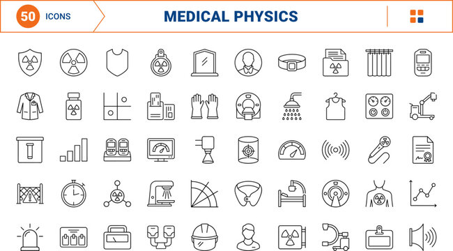 Radiation Dose Tracking line icon set. Vector pictograms of dosimetry, radiology, exposure, and safety elements, thin linear illustration.