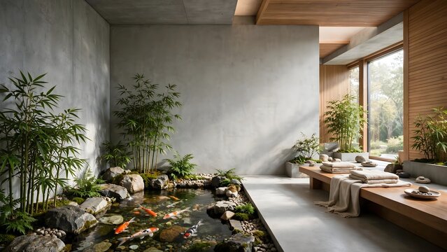 Serene indoor garden pond with koi fish and zen seating area