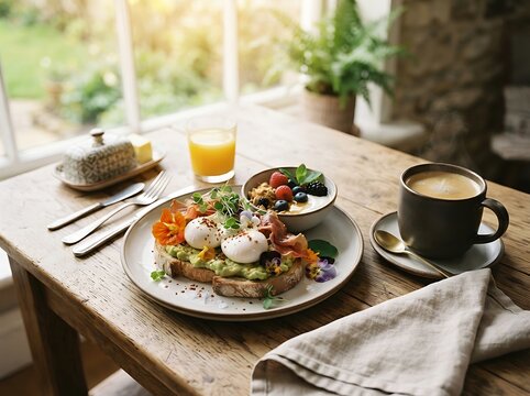 A Nutritious Gourmet Breakfast Featuring Poached Eggs on Avocado Toast with Coffee and Fresh Berries Set on a Rustic Wooden Kitchen Table