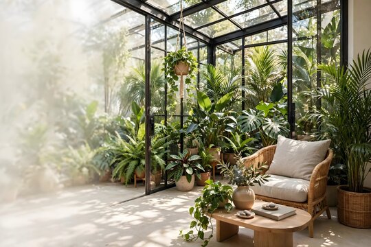 Sunlit conservatory filled with lush greenery and relaxing seating area