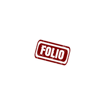 A rectangular rubber stamp with the word folio written in bold white capital letters on a dark red background, with a weathered, ink texture isolated on a transparent background