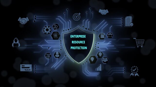 Enterprise resource protection digital shield concept featuring cyber security network infrastructure and data privacy management systems for corporate business intelligence and secure cloud