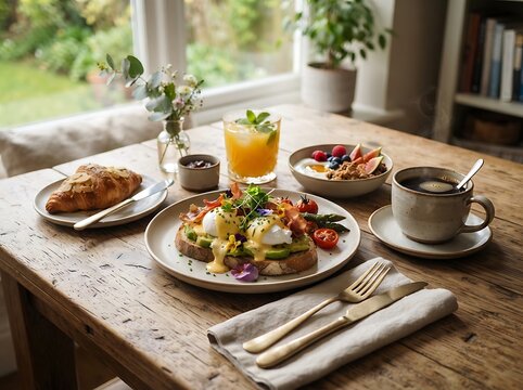 Nutritious Morning Breakfast Spread featuring Avocado Toast Poached Eggs and Fresh Fruit Served on a Rustic Wooden Table by the Window