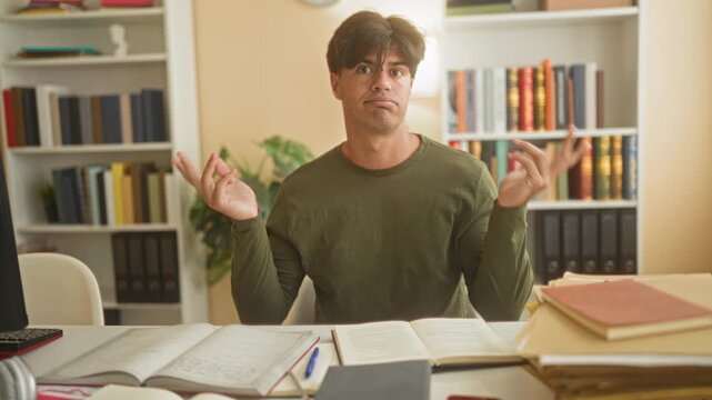 Young hispanic man shrugs both hands above open textbooks and scattered notes at a study desk in a building, surrounded by bookshelves and a clock; confusion learning.