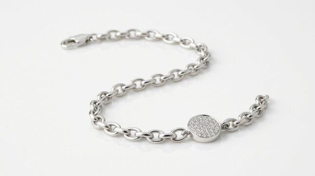 Elegant silver chain bracelet with a sparkling circular charm on a white background.