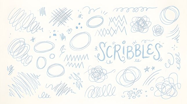 Hand drawn blue scribbles and abstract sketches on white background with scribble set