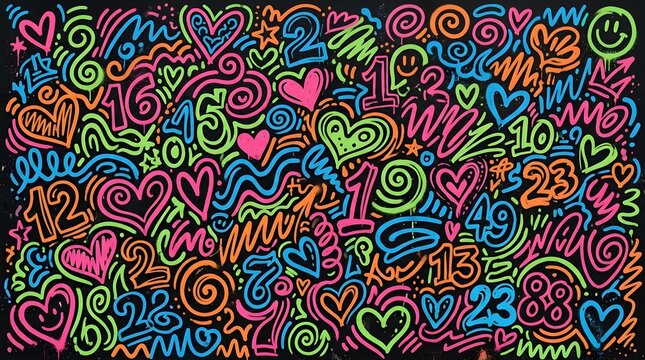 Colorful neon chalk doodles with numbers and hearts on black background colorful art hand drawn