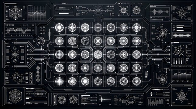 Advanced technological sci-fi matrix panel with complex white holographic diagrams