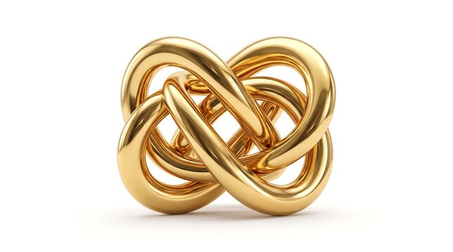 Polished Gold Infinity Knot Sculpture Representing Eternal Connectivity and Complex Mathematical Geometry on Isolated White Background