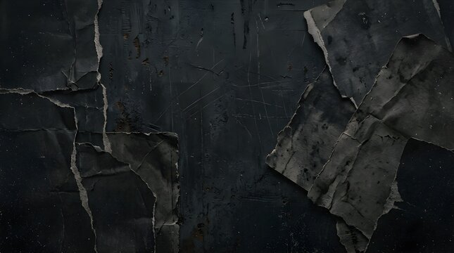 Dark distressed concrete wall texture with peeling black paper or paint fragments