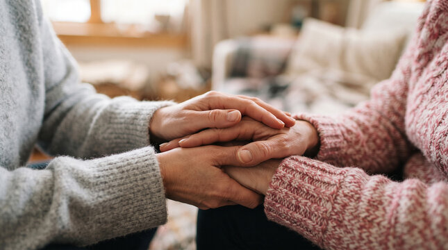 Two people clasp hands gently to show support and connection wearing cozy sweaters for emotional comfort and warm human relationship themes daily.