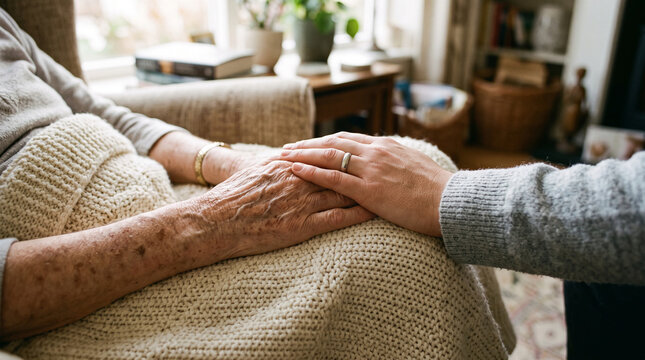 Close up of caring young hand holding and comforting older wrinkled hands of senior woman sitting with blanket at home.