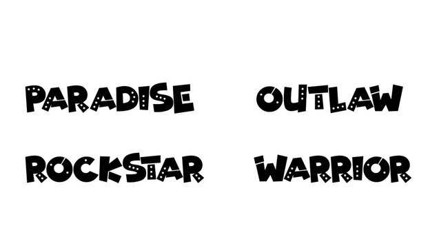 Set of black typographic words paradise outlaw rockstar