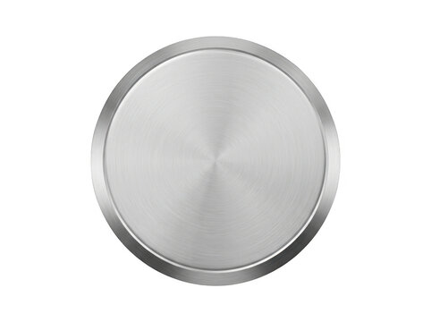 Shiny metallic circular button with concentric ridges against white background.