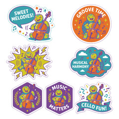 Fototapeta premium Cute turtle stickers playing cello and performing classical music.