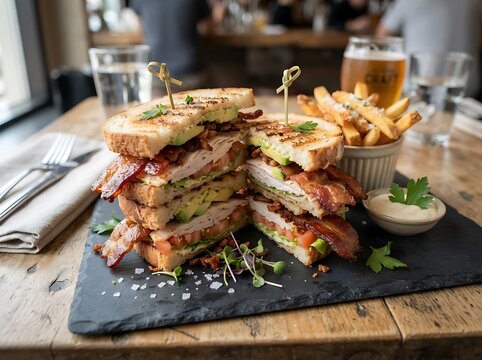 Gourmet Triple Decker Club Sandwich with Crispy Bacon Avocado and Fresh Vegetables Served on a Rustic Slate Platter with Golden French Fries